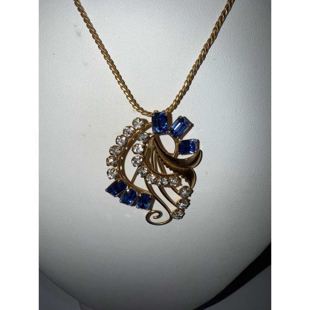 Vintage Blue Rhinestone Brooch Pendant Swirling Spray Gold Tone 18" Chain Signed